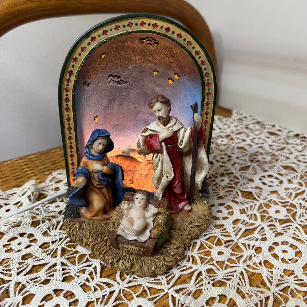 Vintage Autom Nativity Plug In Night Light Holy Family Resin Arched Grotto